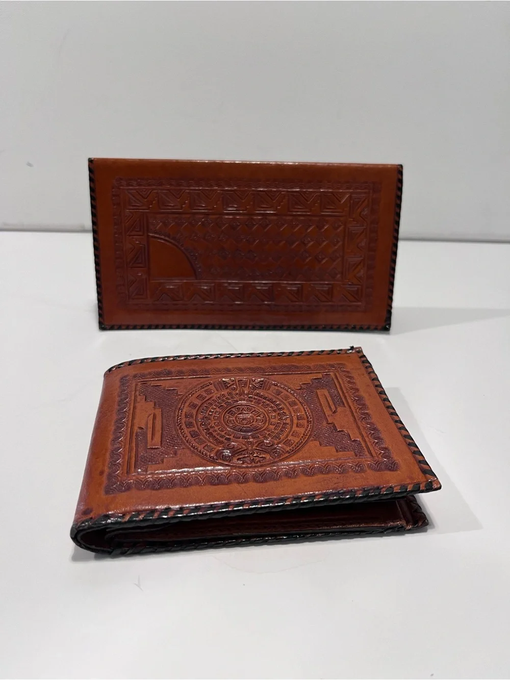 Vintage Handcrafted Leather Aztec Calendar Embossed Wallet & Check Book